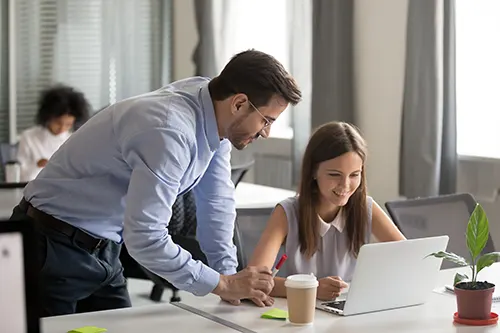 customer service representatives smiling while working